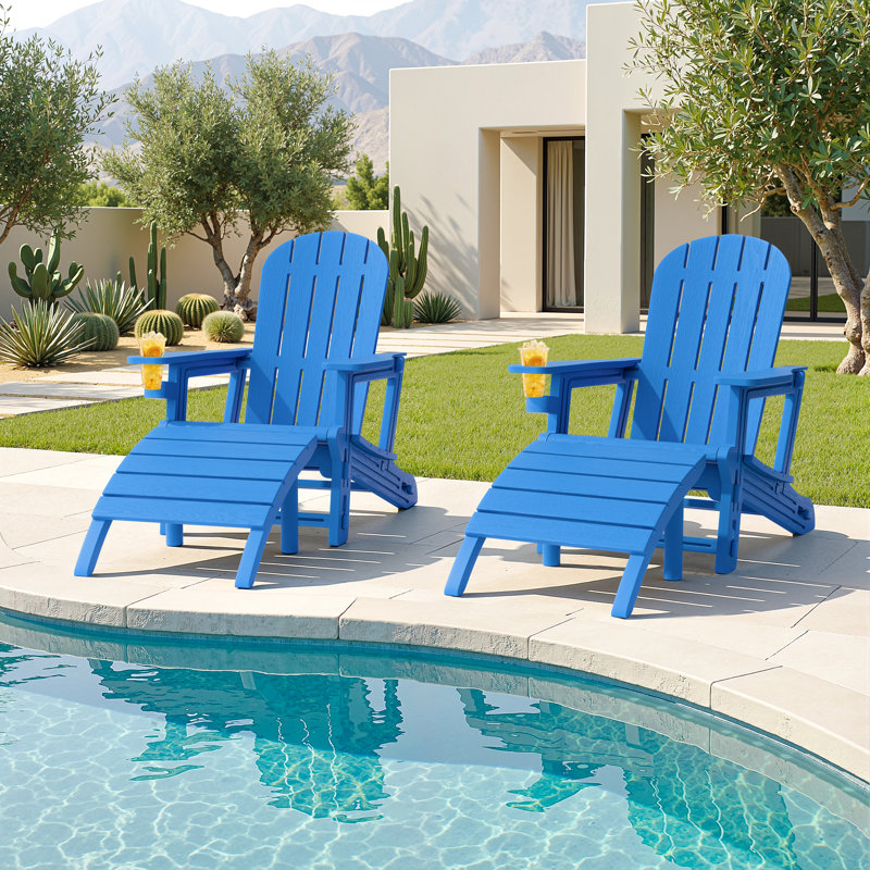  2-Person Outdoor Adirondack Chair with Ottoman, Blue