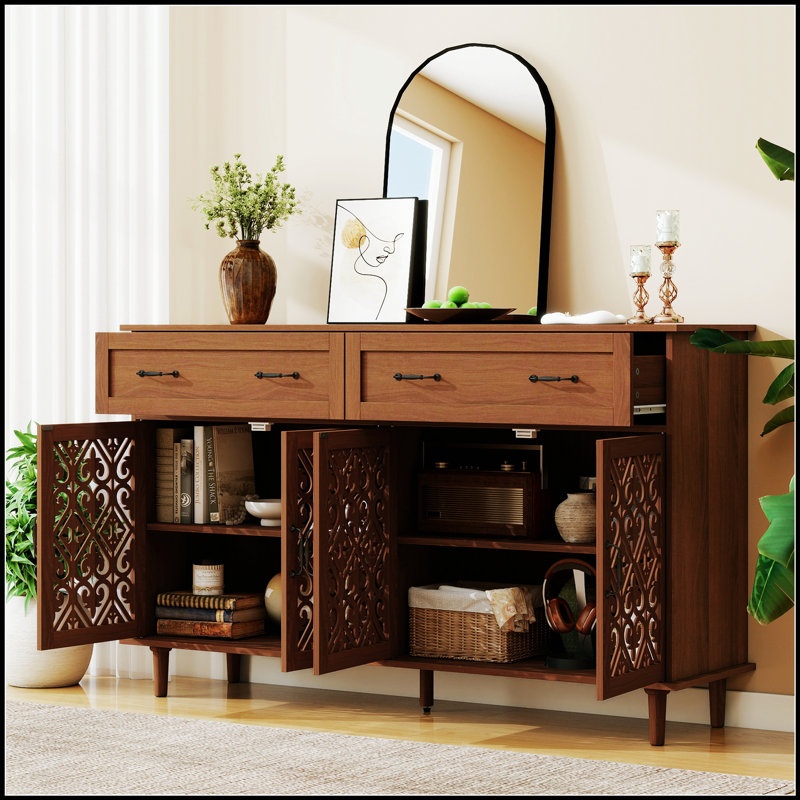 Buffet rétro avec portes creuses sculptées à la main, bois vieilli et grand espace de rangement pour le salon, Noyer