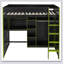Lit mezzanine en bois avec bureau, garde-robe ouverte, compartiments de rangement et lumières RVB-971686491