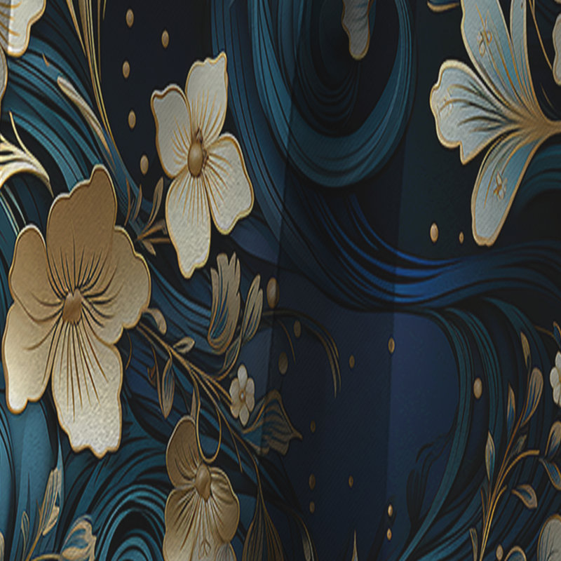Bleu minuit et motif floral en marbre doré I - Rideau occultant en marbre abstrait - 1 panneau, L 52 po x L 63 po