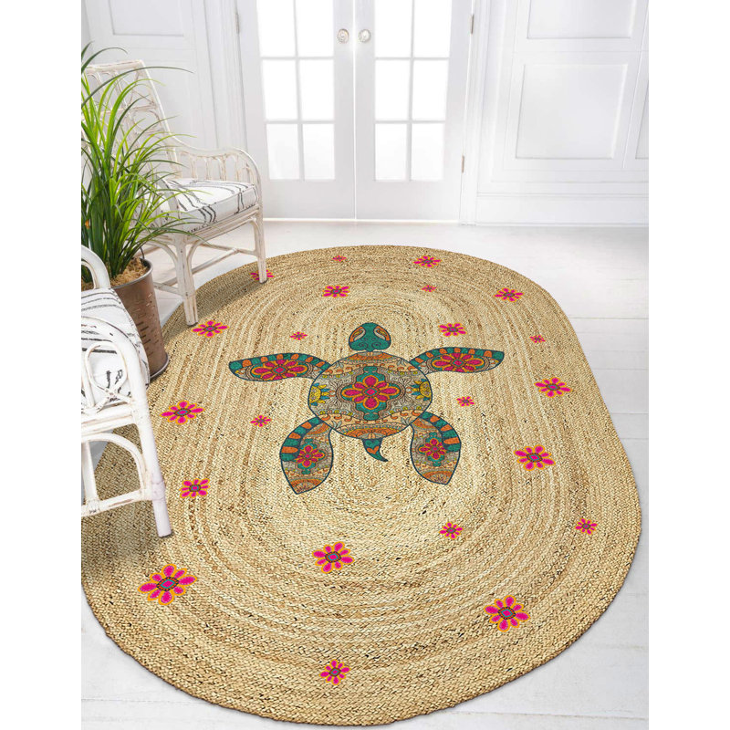 Tapis ovale beige en jute tissé à la machine Coletta, Ovale 2 pi 11 po x 4 pi 11 po