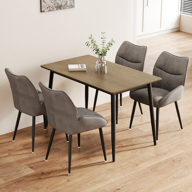 Table à manger moderne à grain de bois et chaise 4 - avec pieds en métal noir pour 4 à 6 chaises faciles à nettoyer, Noyer