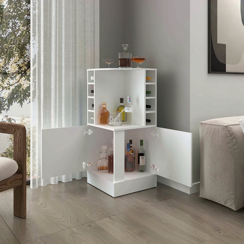 Bar d'angle avec porte-bouteilles et tablette ouverte, Blanc