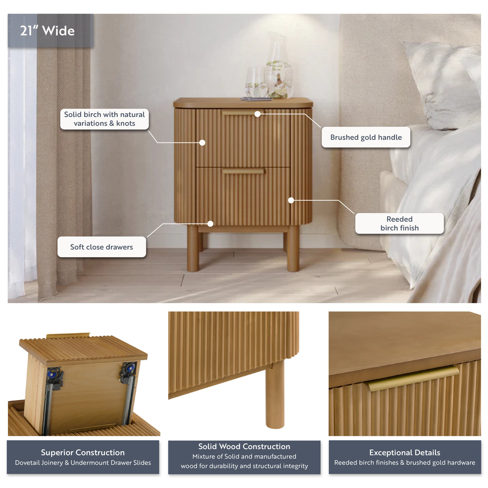 Nova Reeded 2-Drawer Nightstand,  Reeded Birch