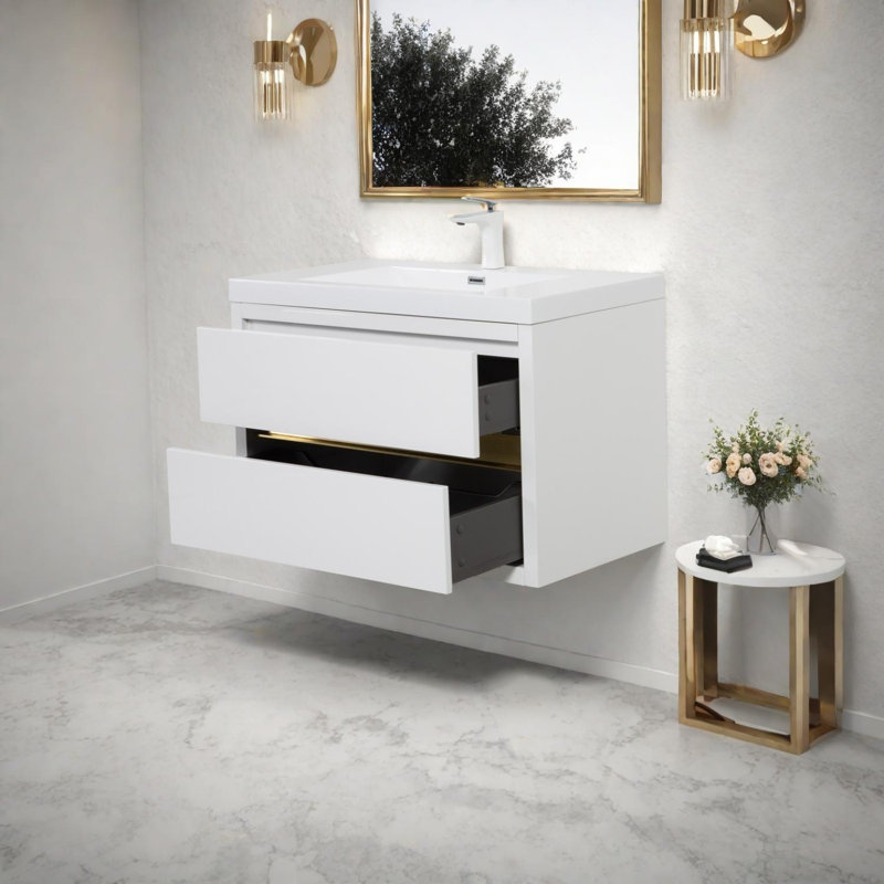 Meuble-lavabo mural 30 po avec lavabo, meuble de rangement flottant avec comptoir en résine de pierre, Blanc