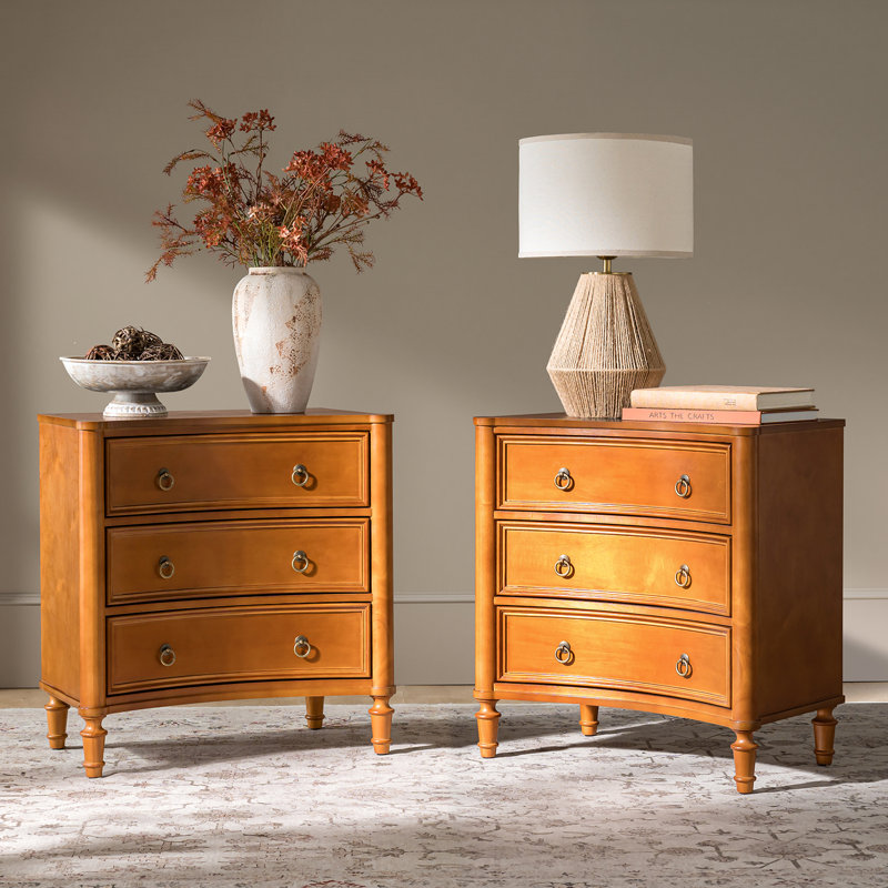 Gillianne 26"W 3-Drawer Curved Silhouette End Table with Built-in Charging Station and Simple Assembly Set of 2, Acorn