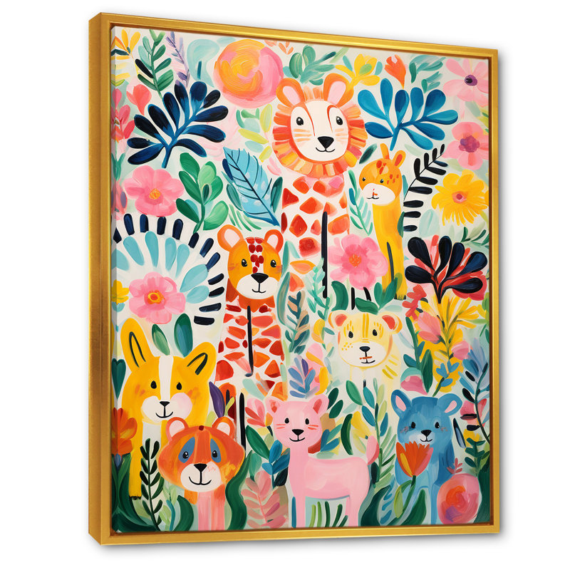 Motif d'animaux de chambre de bébé coloré IV - reproductions encadrées, Cadre flottant doré, H 44 po x l 34 po x P 1,5 po