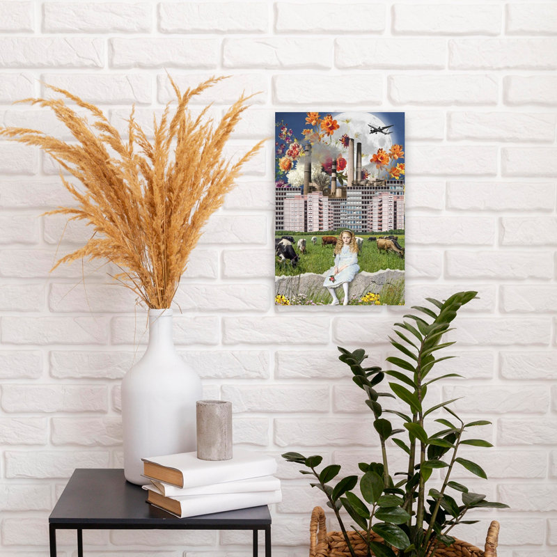 Surreal Girl Industrial Nature Dreamy Surreal Abstract Cow Rose Landscape Nature Wall Art Print by Marja Van Den - Wrapped Canvas Print