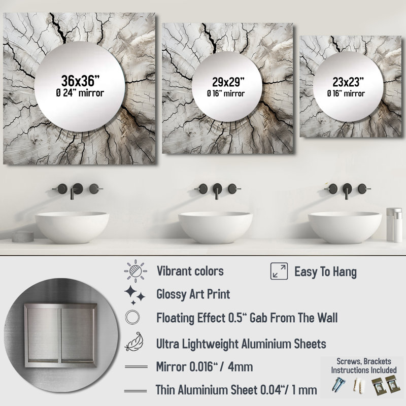 Aloke - Art mural miroir carré en séquoia pour salle de bain, 29 po x 29 po