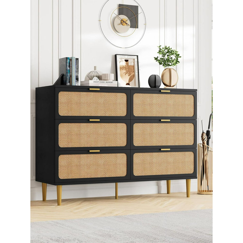 Commode 6 tiroirs Rattan, Jaune