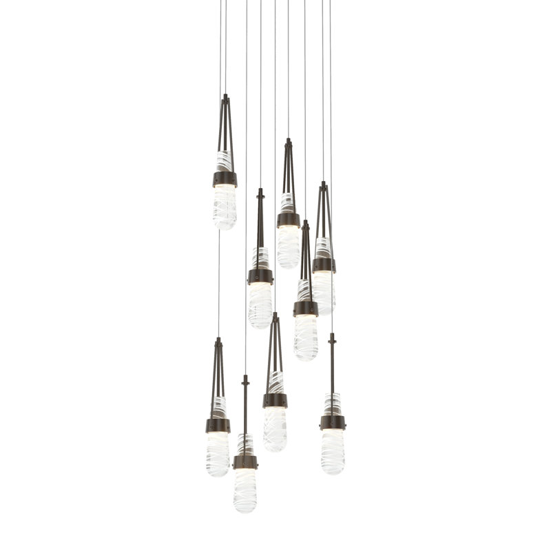Luminaire suspendu 9 lumières Link, Long: 19" to 130", Transparent avec filetage blanc, Bronze huilé