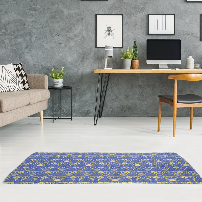 Tapis bleu/jaune cercles/vagues, Rectangle 4 pi x 6 pi