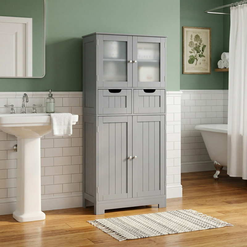 Armoire de rangement de salle de bain autoportante robuste à grande capacité à 4 portes résistante à l'eau avec 2 tiroirs coulissants et portes vitrées transparentes pour la salle de bain