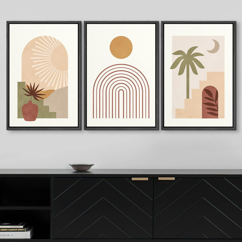 Bohemian-style Plants " Boho Mid-Century Tropical Desert Architecture Abstract Illustrations Modern Art Landscape Colourful " 3 - Pieces
