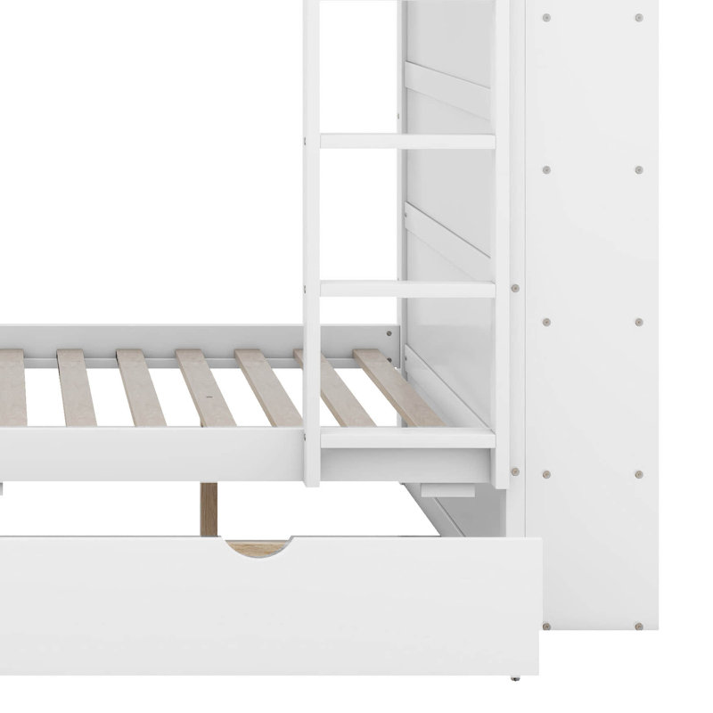 Lit superposé double au-dessus de double avec tablettes de rangement, structure de lit superposé en bois avec 2 tiroirs et armoire à couches multiples