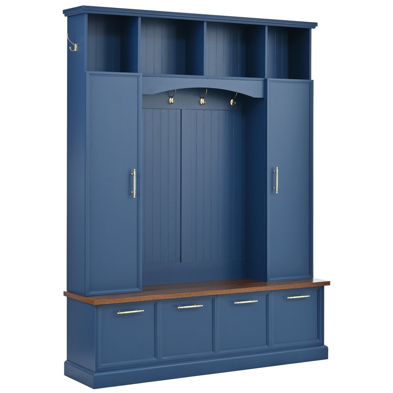 4-IN-1 Elegant 59" Wide Hall Tree With Golden Hooks & Handles, Blue