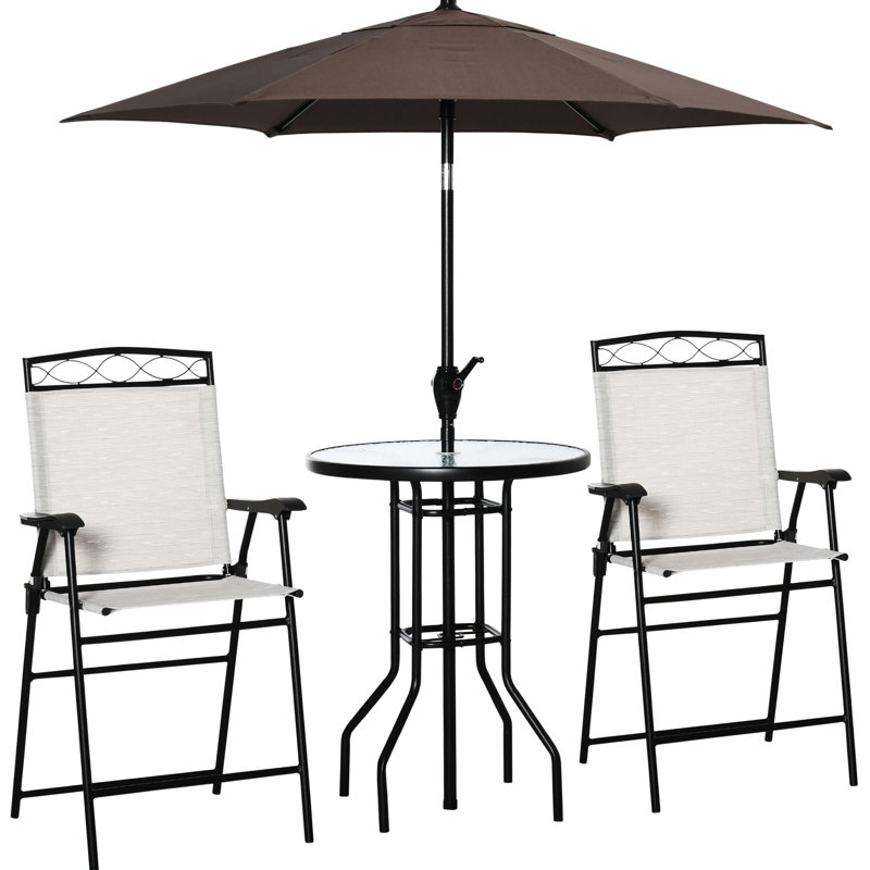 Ensemble de repas de 4 pièces pour terrasse - Beige. 2 chaises pliantes, parasol ajustable, table en verre texturé ondulé. Parfait pour une terrasse, une piscine ou un jardin. Structure en acier, cadre en matériau respirant.