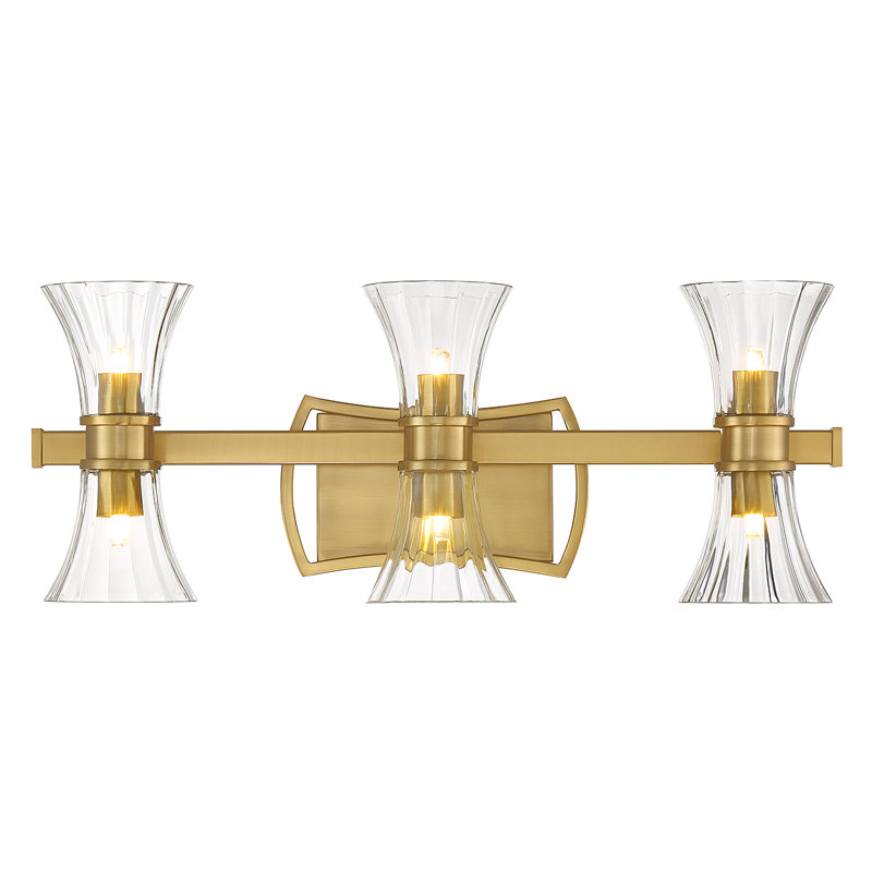 Warm Brass 6-Light Vanity with Clear Ribbed Glass Shades