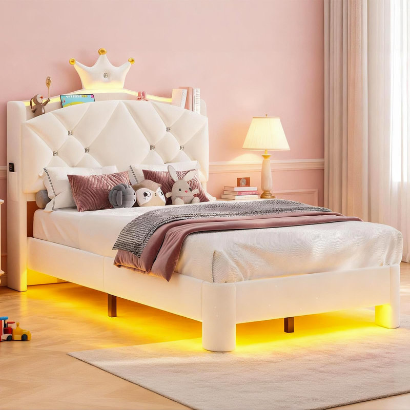 Crown-Style Velvet Upholstered Platform Storage Bed with LED Light Kids Bedroom Furniture, Twin, White
