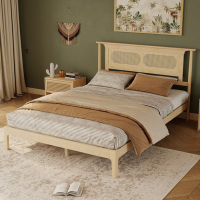 Structure de lit plateforme rétro avec tête de lit en rotin PE tissé et support en lattes de bois massif, sans sommier tapissier, pin