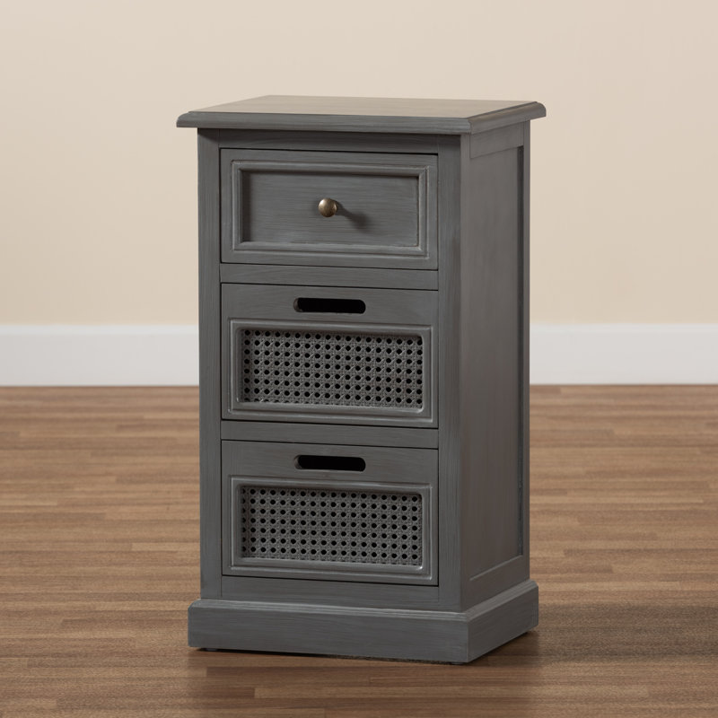 Sheldon Grey Wood and Synthetic Rattan 3-Drawer Nightstand