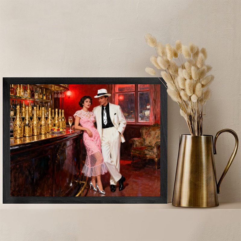 Art encadré noir, hommes et femmes élégants dans des bars, impressions rétro de style mural, H 9 po x l 11 po