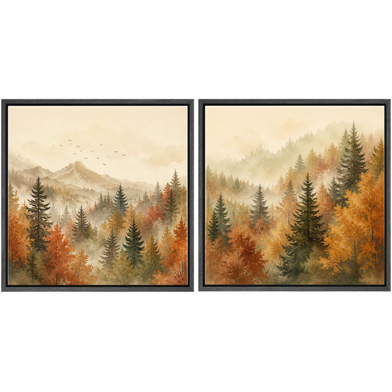«Autumn Pine Forest Landscape With Warm Mountains And Rustic Nature», ensemble de 2 reproductions d'art sur toile encadrées