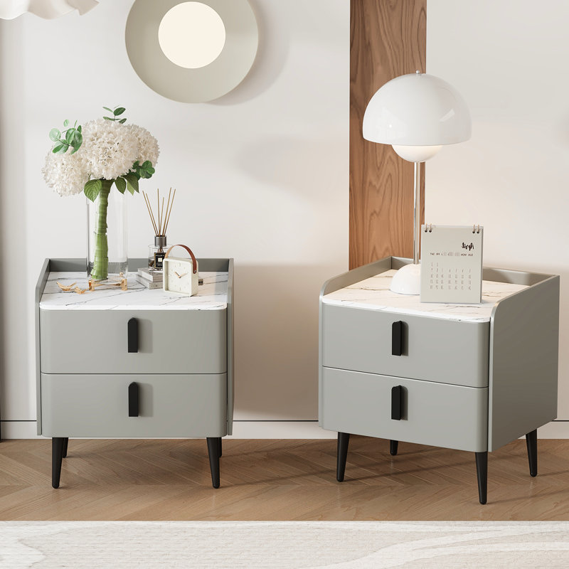 Tables de chevet grises de 2, table d'appoint avec 2 tiroirs et plateau de table en marbre, pratique pour le décor du salon, base arrondie aux pieds