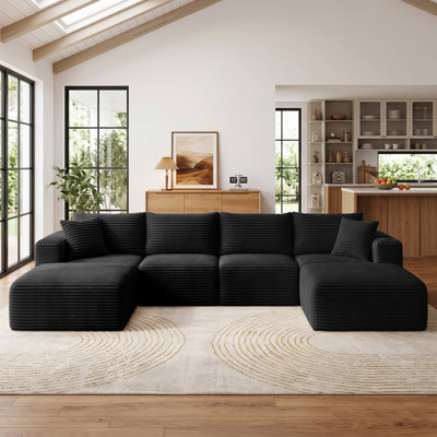 137" U-Shaped Modular Sectional Sofa with 2 Ottomans, 6-Piece Boneless Corduroy Cloud Couch, Deep Seat, No Assembly Required