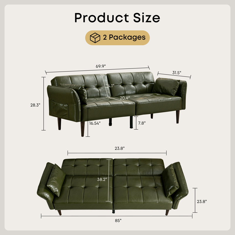 Latitude Run® Faux Leather Upholstered Futon Sofa Bed with Armrests and Backrest Adjustable, Green