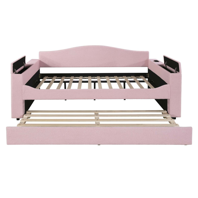 Lit de jour double rembourré avec accoudoirs de rangement, couchette et dernier système audio Bluetooth intégré, molleton Teddy, rose