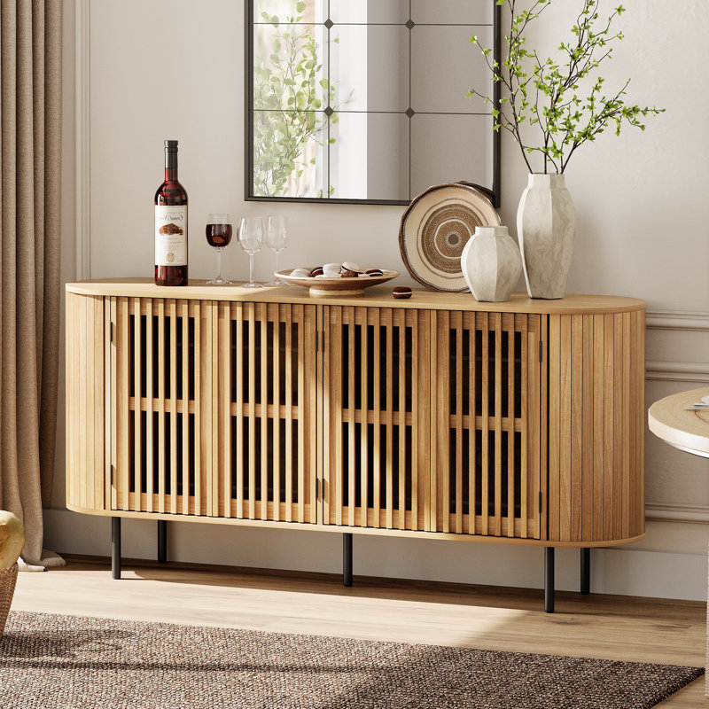 64" Sideboard Buffet With 4 Fluted Doors And Curved Design - Elegant Storage Cabinet For Dining Room Or Hallway,, Natural Oak
