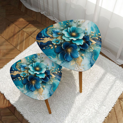 Modern Minimalist Blue Flowers Marble Gold Accents Abstract Swirling Floral Triangle Nesting Coffee Table Set of 2 Multi Functional Freestanding End Table Space Saving Stackable Side Table Furniture for Teens Adults Families Renters Living Room Bedroom