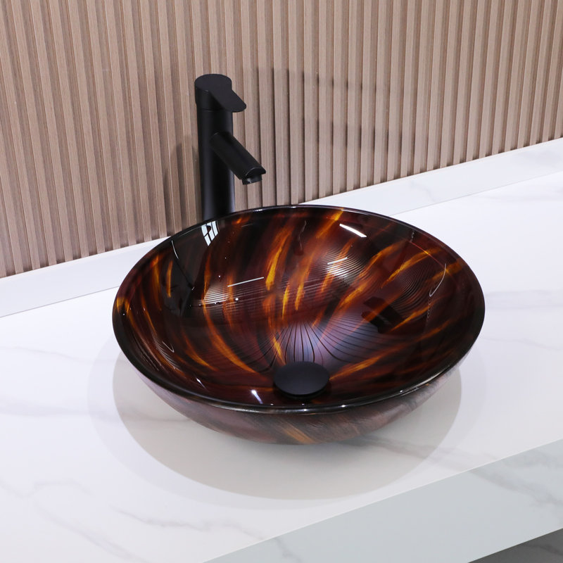 Mocoloo 16"L x 16"W Circle Glass Bathroom Sink Tempered Glass Artistic Bathroom Sink with Pop-up Drain, 16"L x 16"W, Brown