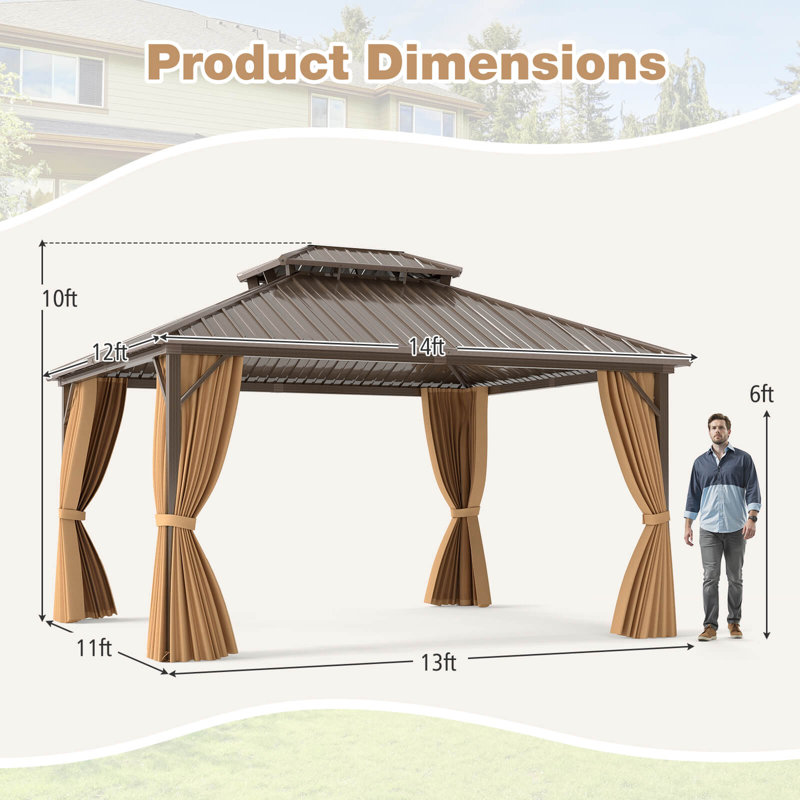 Hardtop Gazebo with  Netting Heavy-Duty Double-Roof Galvanized Metal Top, 120" H x 168" W x 144" D