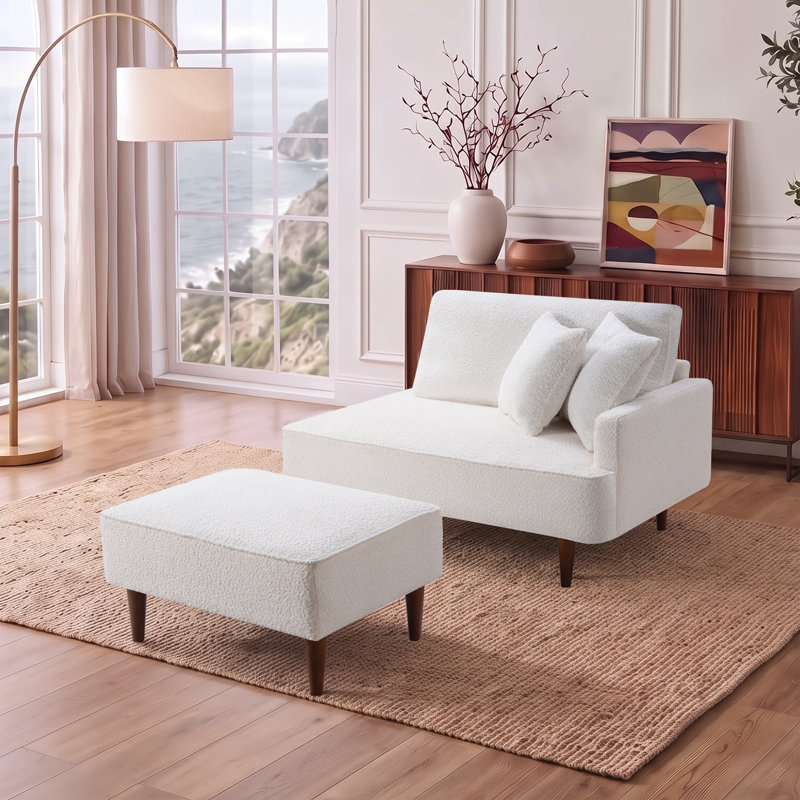 Chaise longue et tabouret rembourrés Mashawna, Beige bouclé