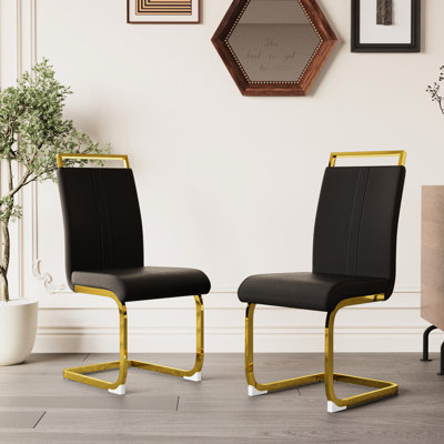 Ensemble de 2 chaises de salle à manger modernes - Revêtement en similicuir PU noir, dossier haut et pieds en métal doré - Idéal pour une salle de bain, une coiffeuse ou une terrasse élégante.