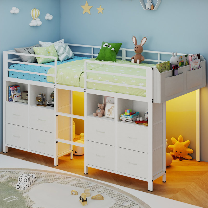 Twin Loft Bed with 8 Storage Drawers and Open Storage Shelves, Low Loft Bed Twin Size with LED Lights, Stairs, Metal Bed with Safety Guardrail, Under-Bed Play Space