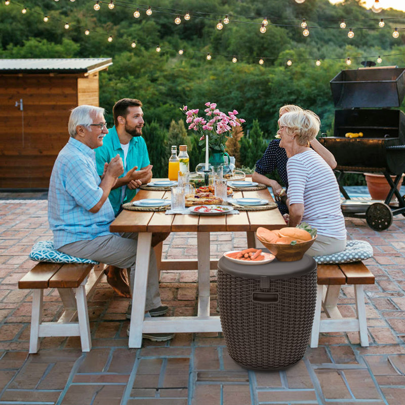 Table d'appoint pour refroidisseur de glace d'extérieur 9,5 gallons SHAREWIN, coffre à glace portatif rond en rotin avec poignée intégrée, poignées latérales avec couvercle supérieur
