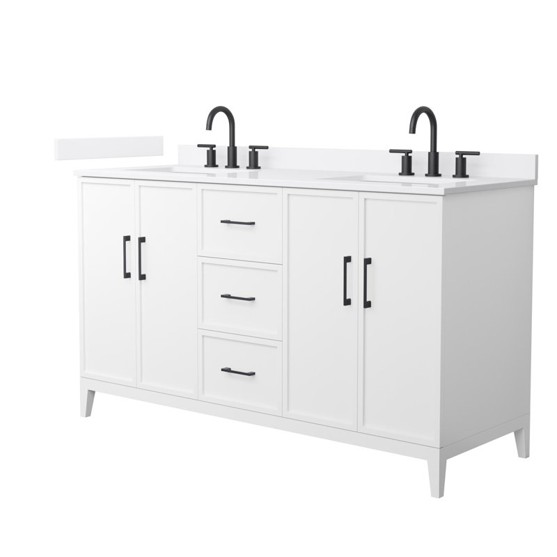Elan 60'' Double Bathroom Vanity with Quartz Top, Matte Black, White, 8" Center