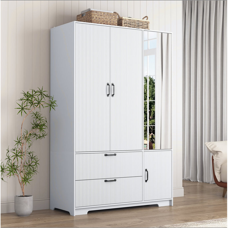Armoire 4 portes avec miroir, armoire à DEL avec portes et 2 tiroirs, armoire de rangement en bois avec tringle, tablettes réglables