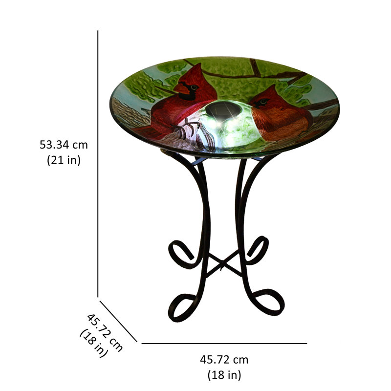  Solar LED Floral Cardinal Glass Bird Bath with Stand - Cardinal
