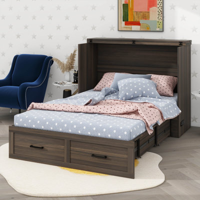 Charming Full Farmhouse-Style Murphy Bed Cabinet Featuring A Built-In Charging Port