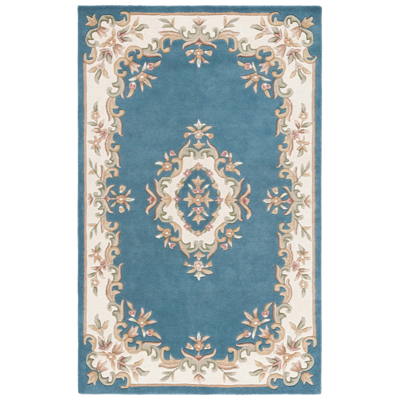 Albreda Tufted Wool/Cotton Performance Oriental Rug in Blue/Ivory, Round 6'
