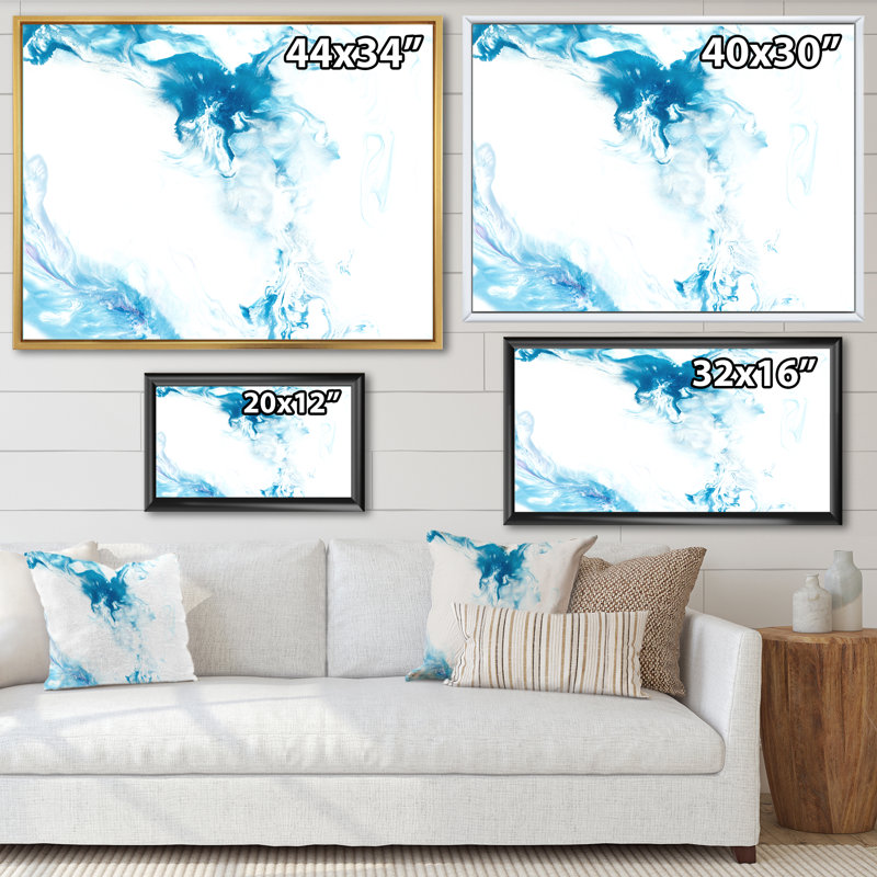 Vague bleue liquide sur blanc I - Peinture sur toile, H 12 po x l 20 po, Cadre flottant noir