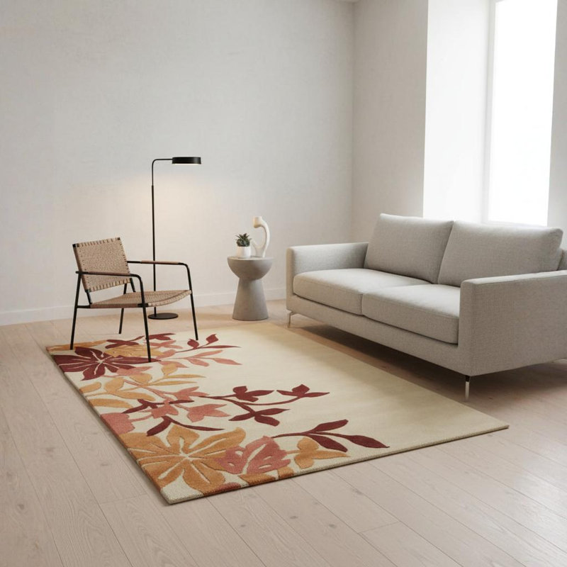 Tapis floral asymétrique en laine touffeté à la main brun, rouge, orange, saumon et crème Medford, 7 pi 9 po x 10 pi 6 po