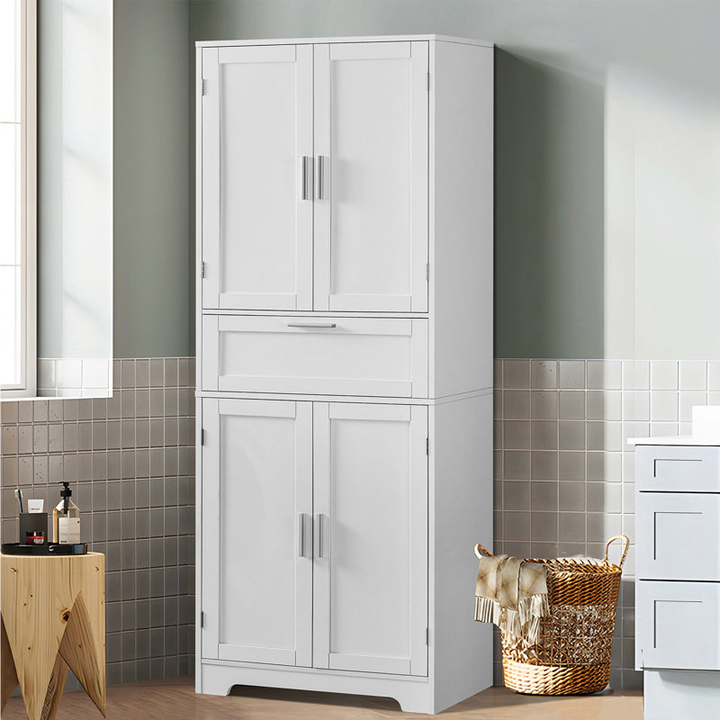 Jymari 67" Tall Kitchen Pantry Storage Cabinet,Bathroom Storage Cabinet with 1 Large Drawer & 2 Large Cabinets, Silver, White