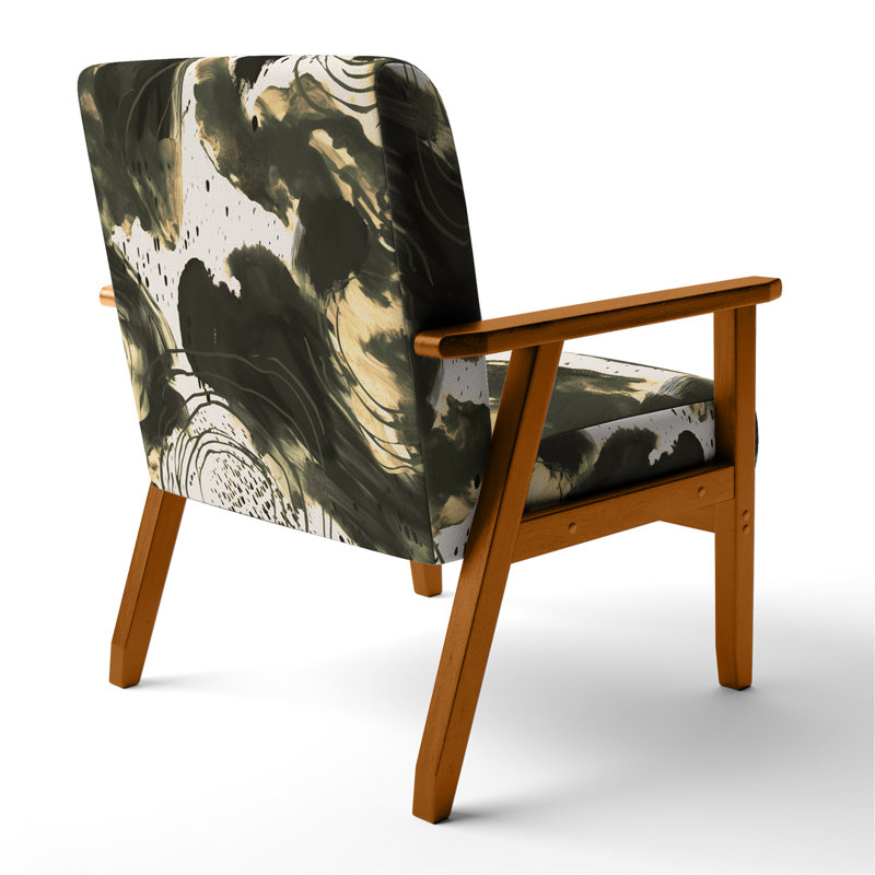 Fauteuil rembourré en velours moderne à motif abstrait avec textures bleues et dorées II, Noir / crème / vert / blanc, Brun