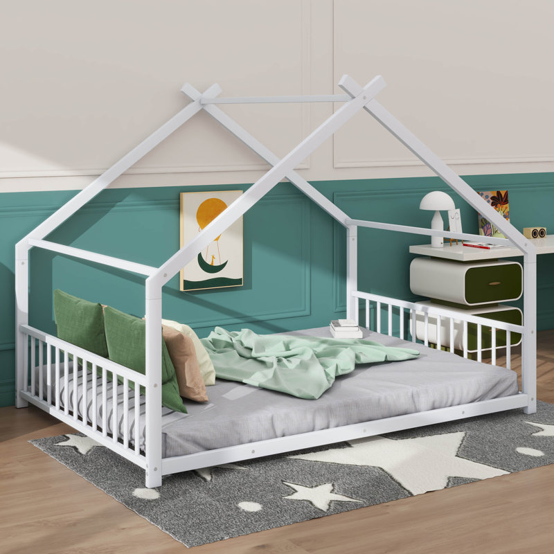 Charmant lit à cadre en métal en forme de maison, Lit double, Blanc