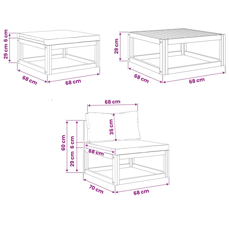 Ensemble de canapés vidaXL 4 pièces en bois d'acacia massif naturel, 2 x milieu + repose-pieds + table, Vert